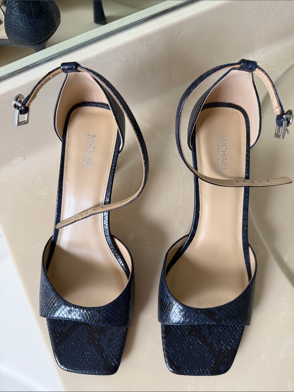 MICHAEL Michael Kors Black/Navy blue Textured Snake-Embossed Ankle-Strap Heels